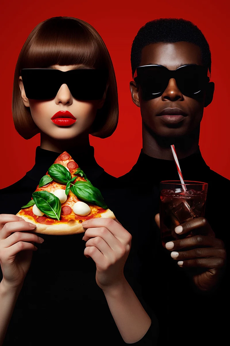 Two people in sunglasses holding pizza slices and sodas against a red wall