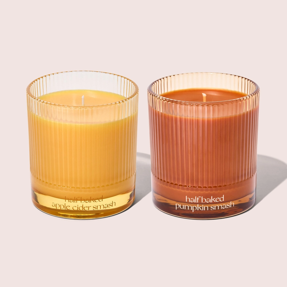 The Harvest candle bundle: two glass candles, one gold and one terracotta